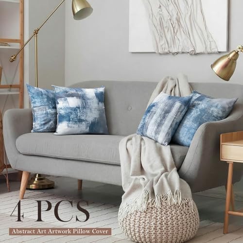 Set of 4 Blue and Grey Abstract Art Artwork Pillow Cover 16 x 16 Inch, Gallery Modern Decorative Throw Pillows Cushion Cover for Bedroom Sofa Living Room - Image 4