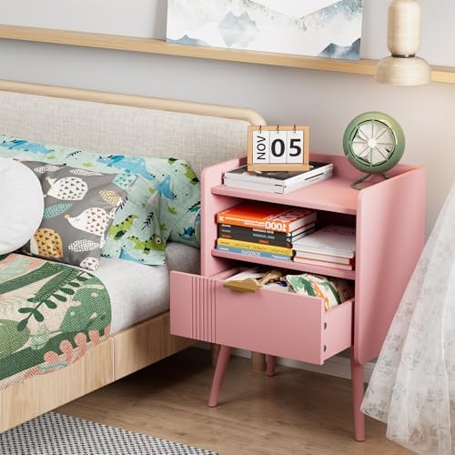 Aenuert Night Stand Modern End Table with Storage Drawer and Open Shelf, Small Bedside Stand, Wooden Sofa Side Table for Bedroom,Study Room and Small Spaces (Pink) - Image 5