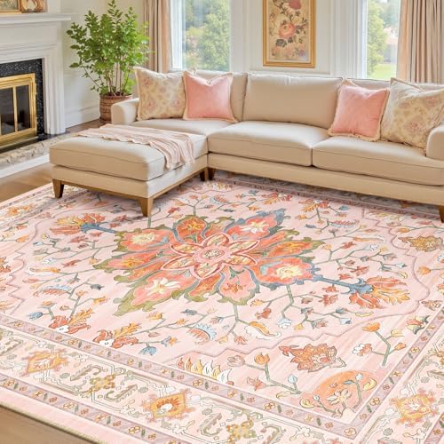 RELEANY Washable Area Rug, 7'x9', Pink/Light Pink/Colorful by RELEANY