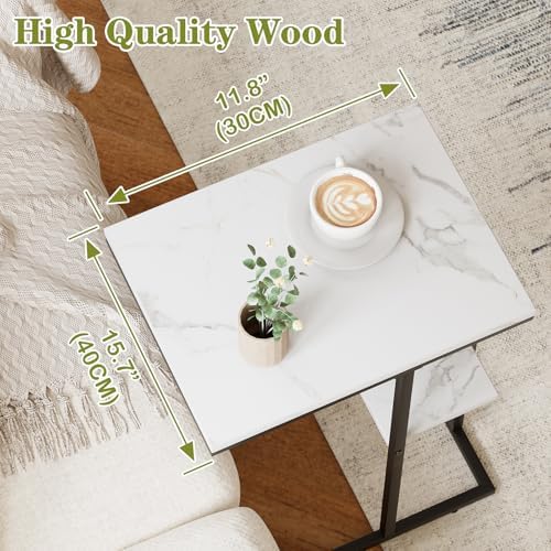 C Shaped End Side Table, Couch Sofa Table for Small Space, Black Snack Table with Metal Frame, TV Tray Table for Bed, Living Room, Bedroom, Bedside(White Marble) - Image 3