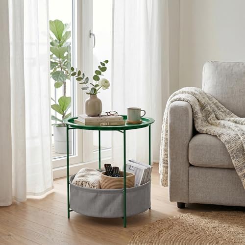 VECELO Round Side/End Table with Fabric Storage Basket，Metal Anti-Rust and Waterproof Small Bedside Nightstand with Removable Tray Top for Living Room，Balcony & Laundry，Dark Green /1pcs with Basket - Image 2