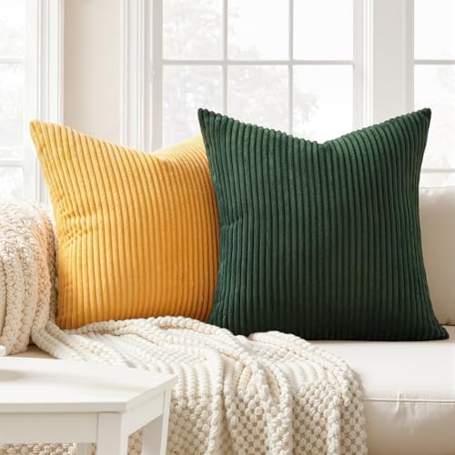 Topfinel Boho Farmhouse Green Rust Striped Pillow Covers 24x24 Set of 4 Mordern Nordic Soft Corduroy Cushion Covers Fall Home Decor for Couch Bed Sofa Living Room Forest Green - Image 2