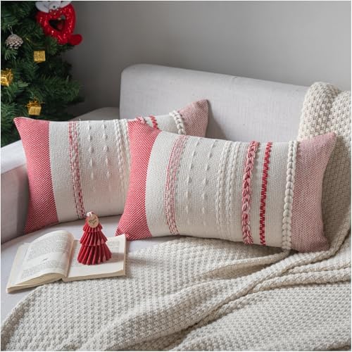 Cethom Christmas Pillow Covers 12x20 Inch Set of 2, Red Textured Boho Christmas Decoration Couch Pillow Cases for Farmhouse Home Decor, Accent Cushion Cover for Sofa, Bed, Living Room, Bedroom by Cethom