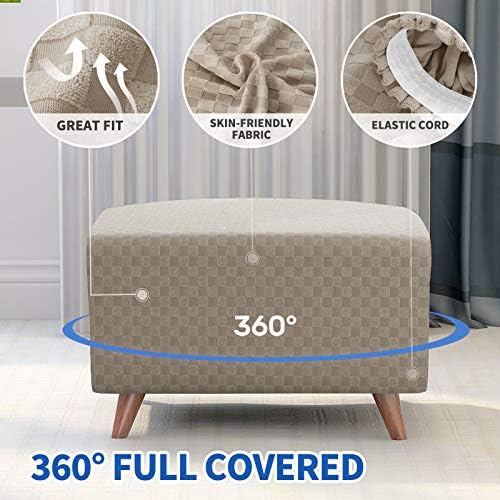 MAXIJIN Jacquard Ottoman Cover Slipcovers Folding Storage Stool Furniture Protector Cover Soft Thick Rectangle Foot Rest Slipcover with Elastic Bottom (Ottoman Large, Khaki) - Image 3