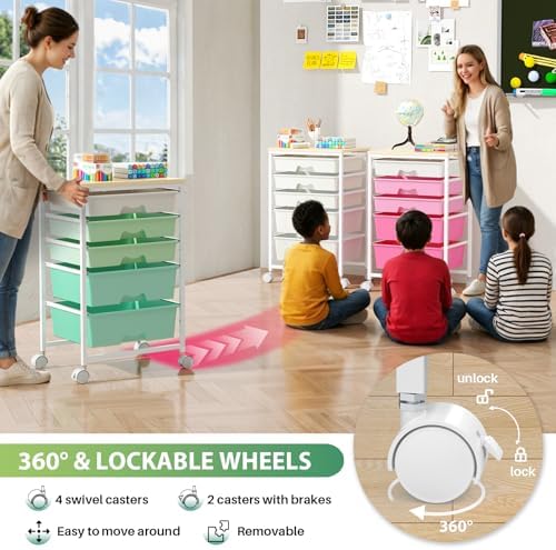 Goovilla Rolling Cart with 5 Drawers for Craft, Art, Dorm, Office, Green - Image 5