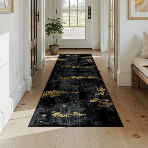 RELEANY Washable Runner 2'6"x8' Abstract Area Rug for Hallway Black Gold - Image 2
