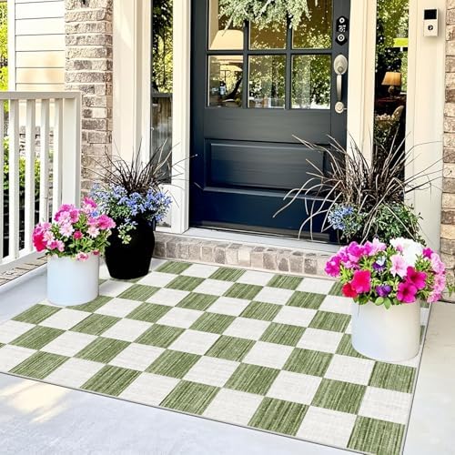 Green White Checkered Entry Rug - 3x5 Non-Slip Indoor Outdoor Rugs - Image 3
