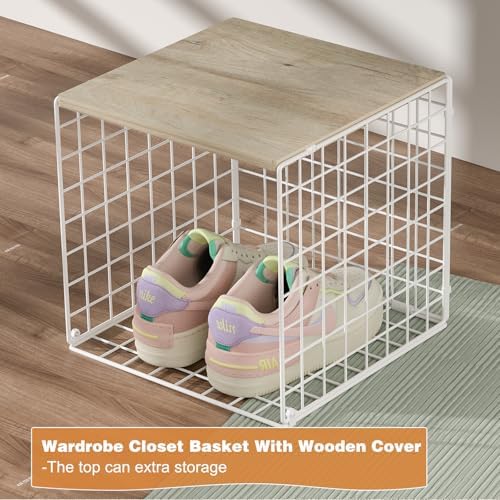 Hencawima 3PCS Stackable Closet Organizers and Storage, Closet Shelves with Wood Top Extra Storage, Clothes Storage Organizer Basket Bin/Cube for Home Wardrobe Organization(White-Sturdy Metal) - Image 4