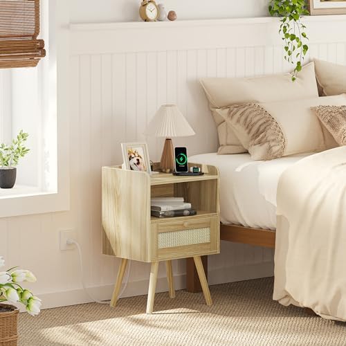 SUPERJARE Nightstands Set of 2, Night Stands with Charging Station, Natural - Image 3