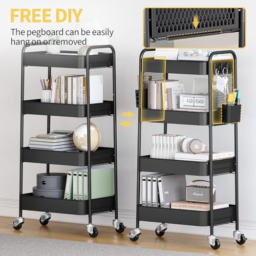 TOOLF 4 Tier Rolling Cart, Metal Utility Storage Cart with Pegboard, Black | 2 Bins & 4 Hooks, Screwless Assembly, Lockable Wheels, Trolley Organizer for Bathroom, Kitchen, Office, Dorm, Craft Room - Image 6