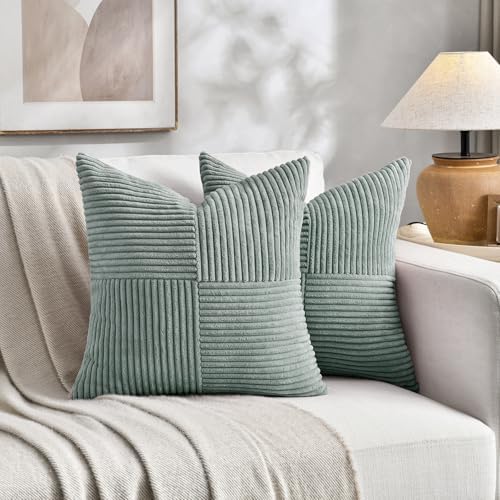 Fancy Homi 2 Packs Grey Blue Samll Decorative Throw Pillow Covers 12x12 Inch with for Couch Bed Sofa, Rustic Farmhouse Boho Home Decor, Soft Corss Patchwork Corduroy Square Cushion Case 30x30 cm - Image 5