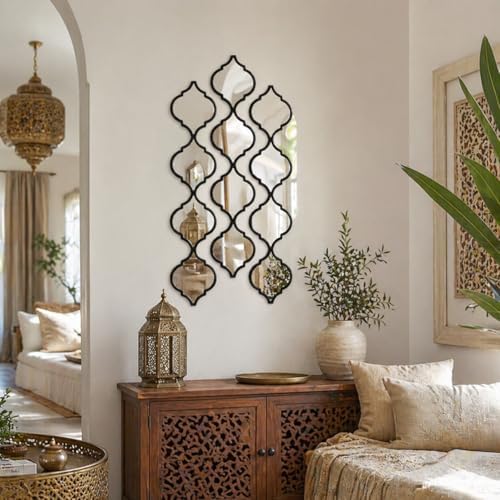 12PCS Moroccan Style Acrylic Wall Mirror Panels, Self-Adhesive Decorative Mirror Tiles for Bathroom, Living Room, Entryway Accent Wall, Lightweight Shatterproof Home Wall Decor (Black) - Image 4