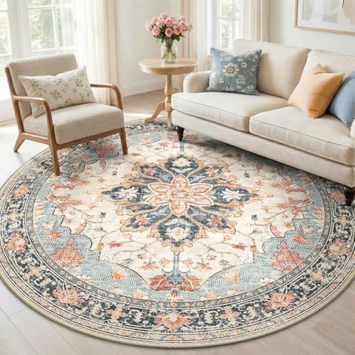 RELEANY Washable Area Rug, Round 6ft, Beige/Blue/Orange by RELEANY