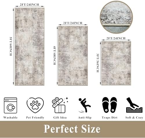 Kitchen Mats for Floor 3 Piece Set,Non-Slip Washable Kitchen Mats for Hardwood Floor, Boho Farmhouse Runner Rug for Sink,Entryway & Hallway & Bathroom (Brown Grey Beige, 2x3+2x4+2x5) - Image 2