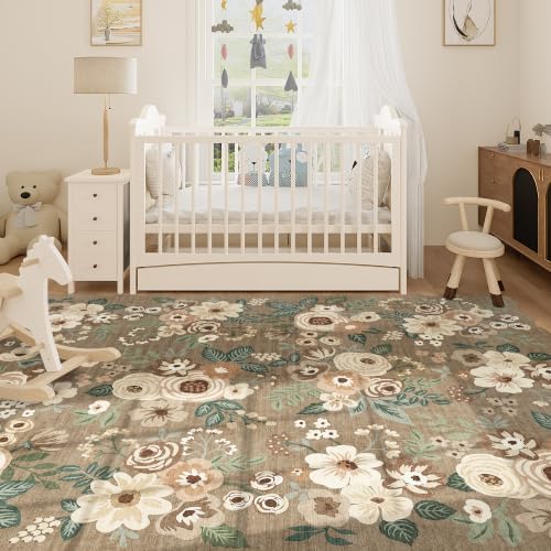 DUKINO 8x10 Area Rug for Living Room, Soft Floral Washable Rug, Light Taupe - Image 3