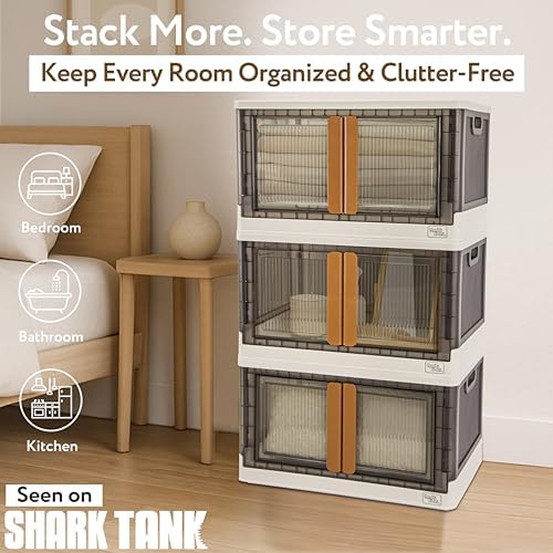 Quik Box - 19 Gallon 3 Pack Stackable Storage Bins with Doors, Collapsible Organizer Foldable Container, for Bedroom Living Room Neat, Tidy Dorms and Organized Homes, Boxes - Image 2