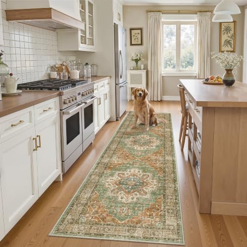 Madane Washable Hallway Runner Rug 2x8 Kitchen Runners, Brick/Brown/Green by Madane