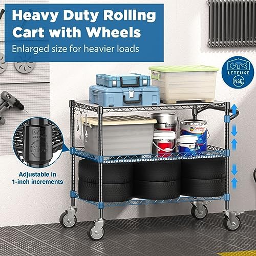 Leteuke Heavy Duty Rolling Utility Cart, 45 Inch Kitchen Carts with Wheels, NSF Commercial Grade with Handle & Shelf Liners, 1120LBS Storage Cart for Kitchen,Restaurant,Plant Display-Black - Image 2
