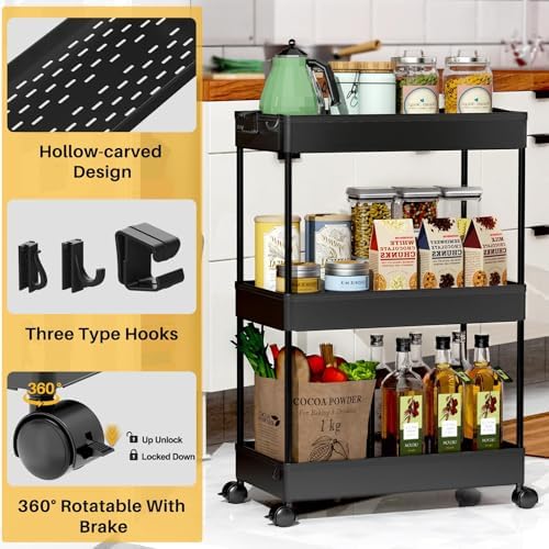 SPACELEAD 3 Tier Rolling Cart with Wheels, Storage Craft Art Trolley Organizer Serving, 3 Hanging Baskets Easy Assembly, for Office, Bathroom，Living Room, Kitchen, Black - Image 3
