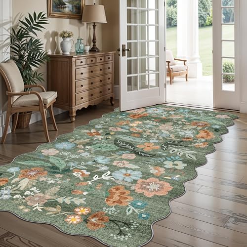 4x8 Washable Area Rug for Family: Stain Resistant Wide Floral Scalloped Kitchen Rug Soft Carpet for Entryway Bathroom Bedroom Farmhouse Living Room Floor Mat with Non Slip Backing(4x8, Floral/Green) - Image 2
