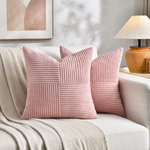 Fancy Homi 2 Packs Blush Pink Samll Decorative Throw Pillow Covers 14x14 Inch with for Couch Bed Sofa, Rustic Farmhouse Boho Home Decor, Soft Corss Patchwork Corduroy Square Cushion Case 35x35 cm - Image 5