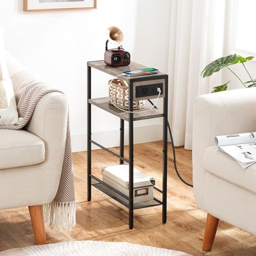 HOOBRO Small Narrow Side Table with Charging Station, Skinny End Table for Small Spaces, Slim Nightstand with USB Ports Outlet, Sofa Beside Table with Storage Shelf, Greige and Black BG102UBZ01 - Image 4