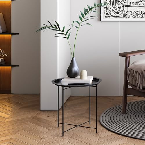 End Table Set of 2,Outdoor Side Table, Small Patio Round Folding Metal Black Side Tables for Outdoor,Living Room,Balcony and Office,Φ18.5" x 19.9"H，2 PCS - Image 6