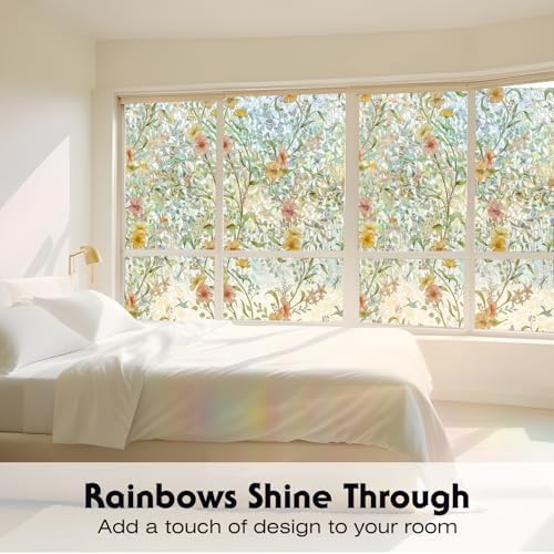 Volcanics Stained Glass Window Film with Installation Tools, Rainbow Window Privacy Film, Decorative Window Clings for Glass Windows, Static Cling Sun Blocking Floral Decals, 35.4 x 78.7 Inch - Image 2