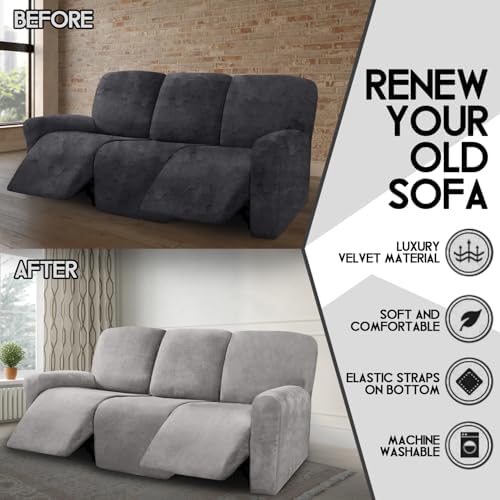 ULTICOR Velvet 8-Pieces Recliner Sofa Covers Stretch Reclining Couch Covers for 3 Cushion Reclining Sofa Slipcovers Furniture Covers Thick Soft Washable (3 Seater Recliner Cover, Light Grey) - Image 5