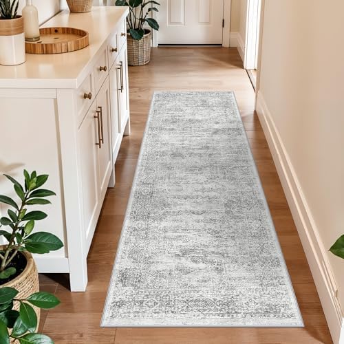 Rug Runners 2x6 Hallway Washable, Non Slip with Rubber Backing Carpet for Kitchen Bathroom Neutral Moroccan Vintage Oriental Distressed Area Rugs for Bedroom Laundry Room Entry Entryway, Grey/Ivory by BYYVOORugsforYourHome