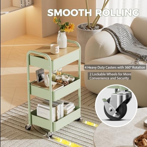 3 Tier Rolling Cart with Table top, Metal Rolling Utility Cart, Sturdy Storage Organizer Cart with Locking Wheels & Hooks for Office, Classroom, Kitchen and Bathroom - Image 5