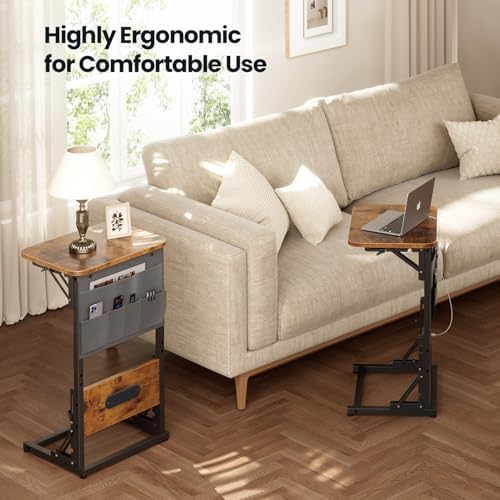 HLDIRECT C Shaped End Table with Charging Station & Storage Bag Brown - Image 6