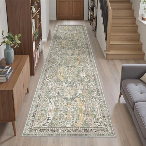 Madane Hallway Runner Rug 2x8 Washable Kitchen Rugs Non-Slip, Green/Gold by Madane