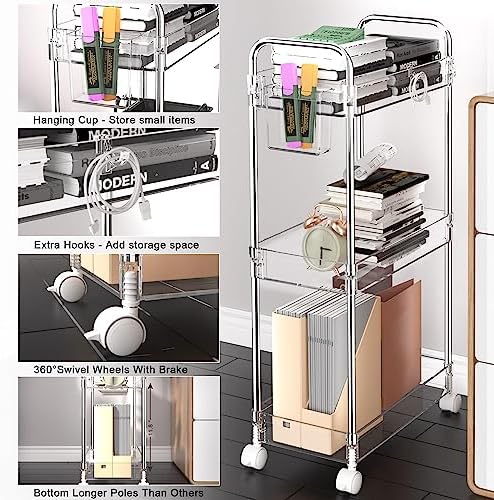 SPACEKEEPER 3 Tier Acrylic Storage Rolling Cart Clear Bathroom Cart Organizer, Transparency Laundry Room Organization Mobile Shelving Unit Multifunction Rolling Utility Cart for Office Living Room - Image 3