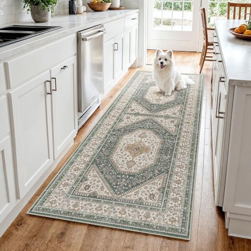 3x7 Washable Hallway Runner Rug - Non-Slip Vintage Kitchen Rugs Green Beige by Puino