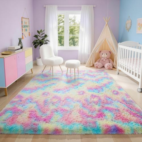 Ophanie 5x7 Rainbow Rug for Bedroom Girls, Unicorn Colorful Fluffy Soft Cute Fuzzy Area Rugs, Shag Plush Shaggy Bedside Floor Furry Carpet for Kids Baby Teen Dorm Nursery Home Decor Aesthetic - Image 3