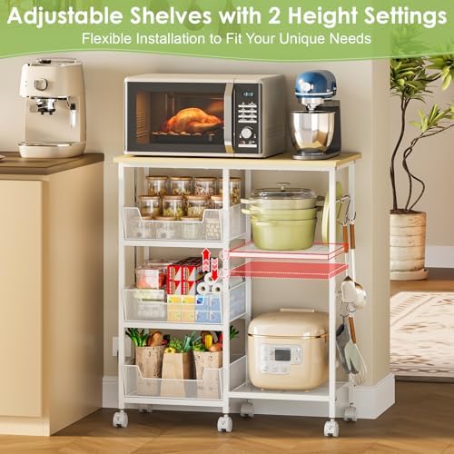 Rolling Kitchen Microwave Organizer Cart, Adjustable Shelves, White - Image 3