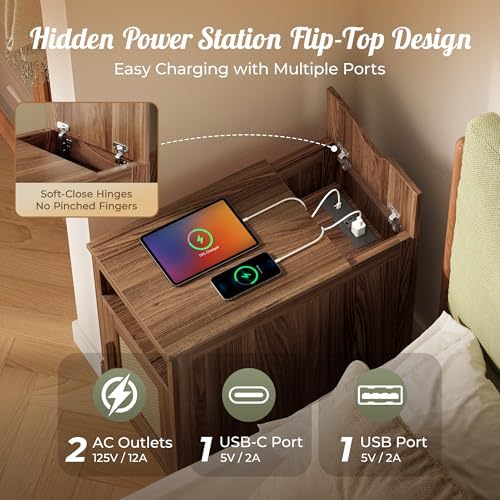 Huuger Narrow Night Stand, End Table with Charging Station, USB-C Port, Rattan Side Table with Cabinet and Open Shelf, Synthetic Rattan, for Small Spaces, Bedroom, Walnut - Image 4