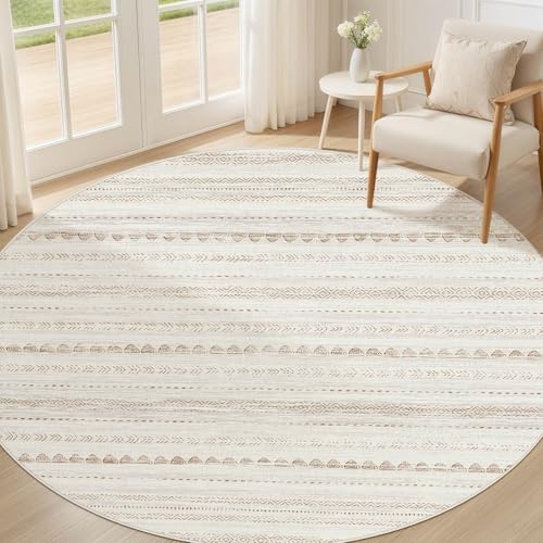 Nakagishi Round Rug Boho Area Rugs: 4x4 Washable Large Circle Neutral Soft Stain Resistant Non-Slip Carpet for Women Aged 25-45 Farmhouse Decor Enthusiasts - Living Room Bedroom Dining Room Nursery by NakagishiAreaRug