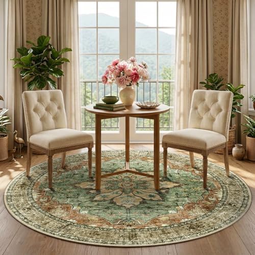 RELEANY Washable Area Rug, Round 5ft, Brick/Brown/Green - Image 3