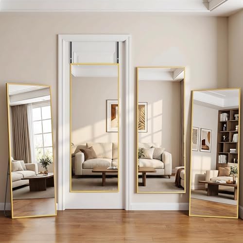 Antok Over The Door Mirror Full Length, 49'' x 14''Wall Mounted Hanging Mirror, Aluminum Alloy Frame, Shatterproof Glass, No Drill Installation for Bedroom, Closet, Bathroom, Dorm, Rect Corner, Gold by AntokMirror