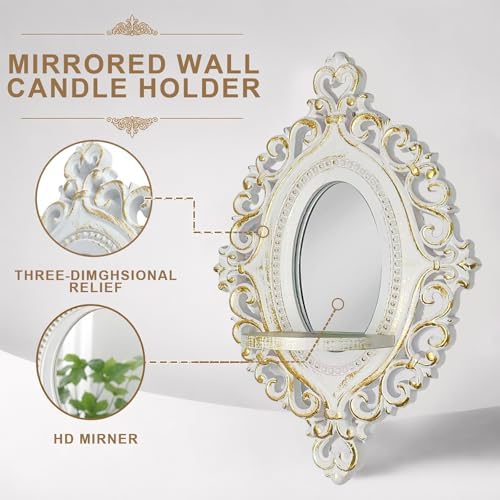 2 Set Vintage Candle Wall Sconce for Home Decor Living Room Bedroom Office Wood Antique Mirrored Victorian Mounted Candlestick Wall Holder Relief Hanging Decor -White 11.8in - Image 3