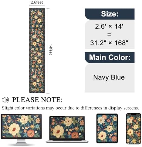 DUKINO 2.6x14 Washable Runner Rug, Floral Non Slip Runner Rug, Navy Blue - Image 2