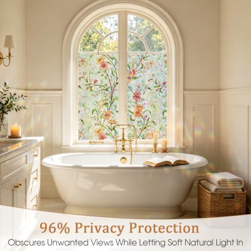 Coavas Stained Glass Window Privacy Film, 3D Rainbow Floral, 35.4" x 78.7" - Image 4