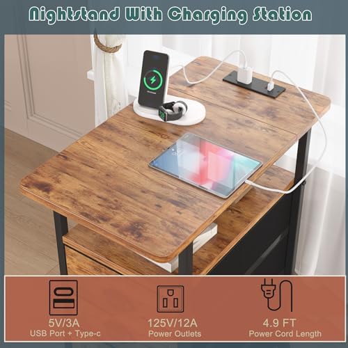 sthmec End Table with Charging Station, Side Tables Livingroom with USB Ports and Outlets,Narrow Nightstands Bedside Tables with 3 Drawers for Small Space,Slim Sofa Table Bedroom,Rustic Brown - Image 4