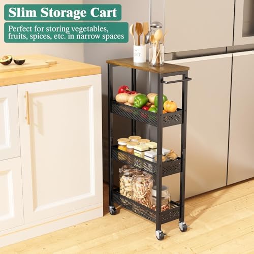 Giwil Slim Rolling Storage Cart 4 Tier Bathroom Organizer Mobile Shelving Unit Utility Cart with Wood Top and Handle for Kitchen Laundry Narrow Places, Black - Image 2