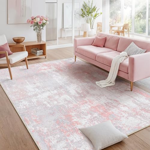 RELEANY Washable 10'x14' Abstract Area Rug for Living Room Gray Pink - Image 3