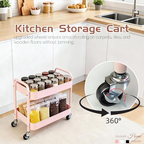 2 Tier Pink Rolling Cart with Wheels for Under Desk Storage, Large Capacity Rolling Pantry & Kitchen Storage Cart for Small Space, Sturdy Metal Bathroom Shelf Laundry Room Organization - Image 5