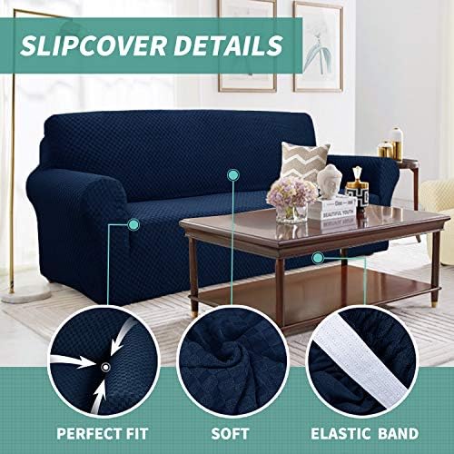 YEMYHOM Couch Cover Latest Jacquard Design High Stretch Sofa Covers for 2 Cushion Couch, Pet Dog Cat Proof Loveseat Slipcover Non Slip Magic Elastic Furniture Protector (Loveseat, Navy) - Image 3