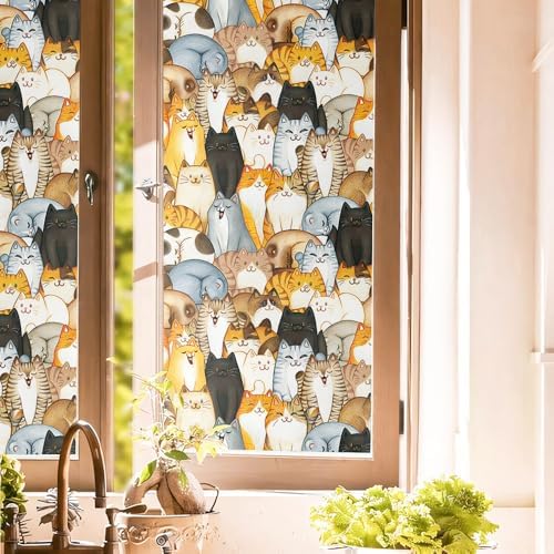 Cute Modern Cats Pet Animal Cartoon Stained Glass Window Films Decorative Double-Side Privacy Film Self-Adhesive Static Glass Clings for Living Room Bathroom Decor by Unknown